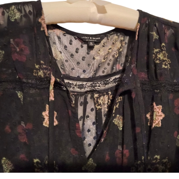 Lucky Brand Black Sheer Textured Boho Blouse with Bell Sleeves and Lace Inserts - Picture 9 of 9